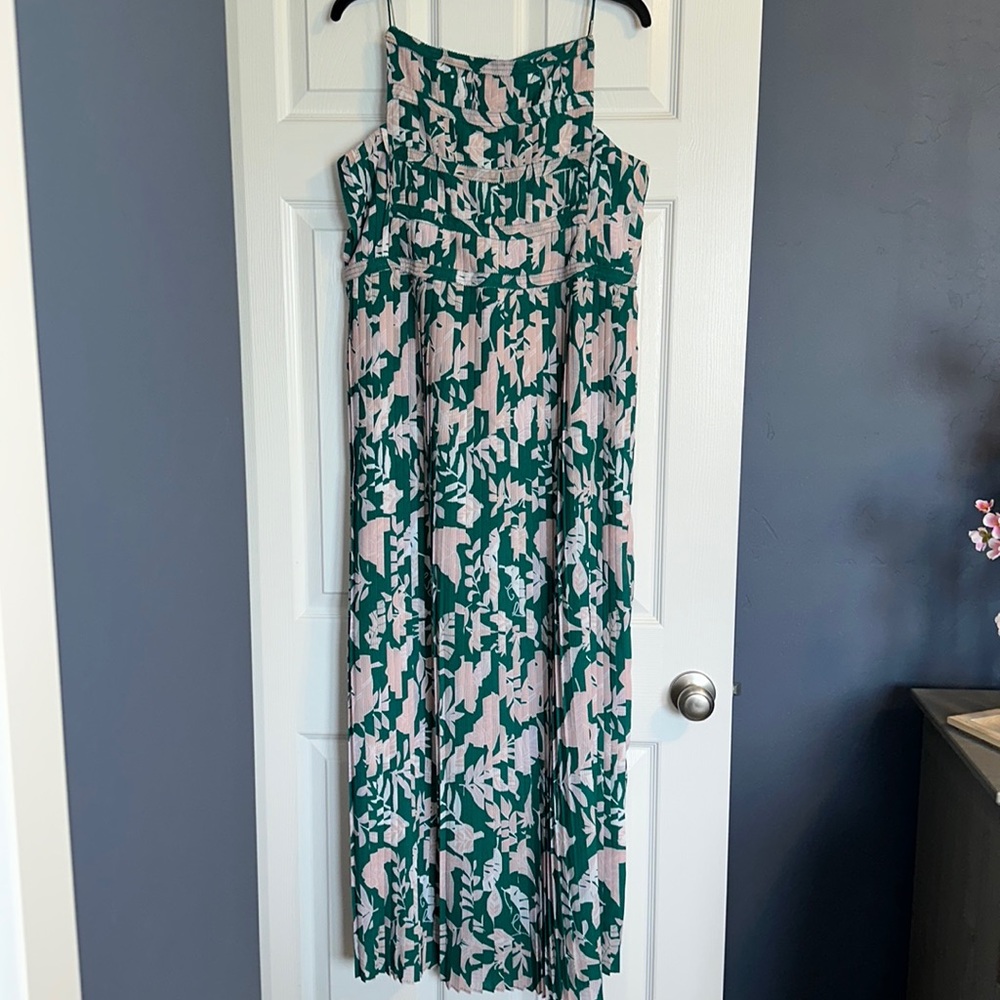 Long flowing maxi, dress, green, and light pink